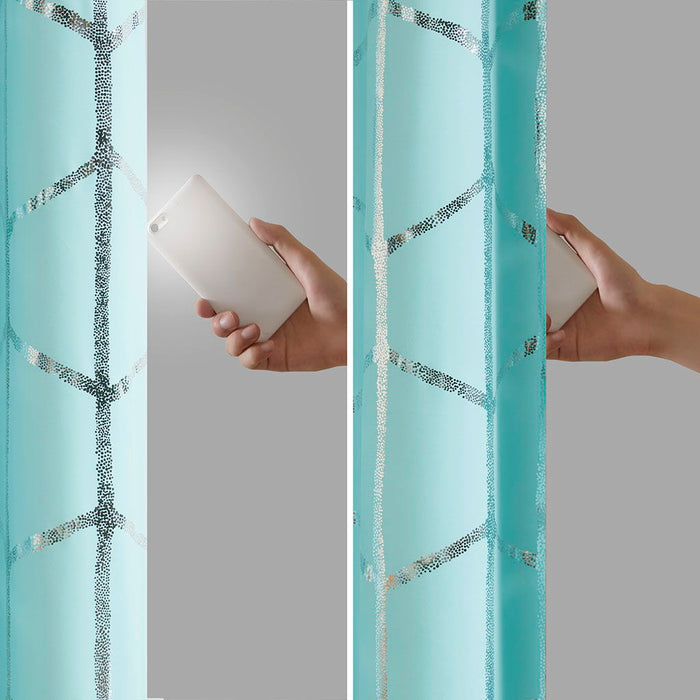 Raina - 84" Total Blackout Metallic Print Grommet Top Curtain Panel - Aqua / Silver - Simple Home Plus