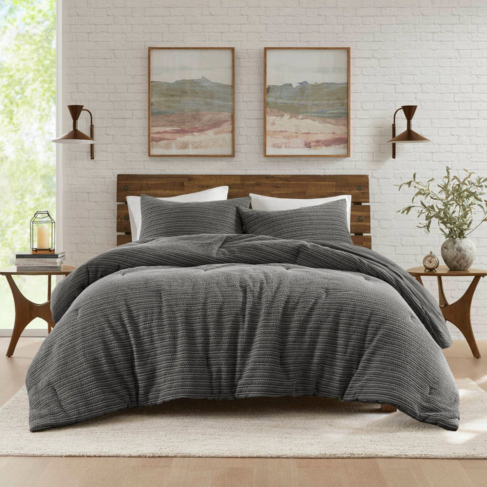Lyon - 3 Piece Full/Queen Waffle Washed Comforter Set - Charcoal - Simple Home Plus