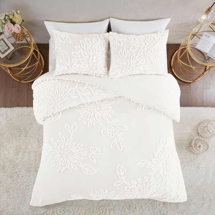 Veronica - 3 Piece Tufted Floral Duvet Cover Set - Off White - Simple Home Plus