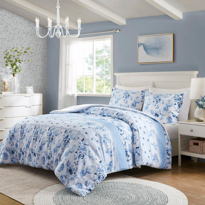 Christa - Floral Striped Duvet Cover Set - Blue - Simple Home Plus