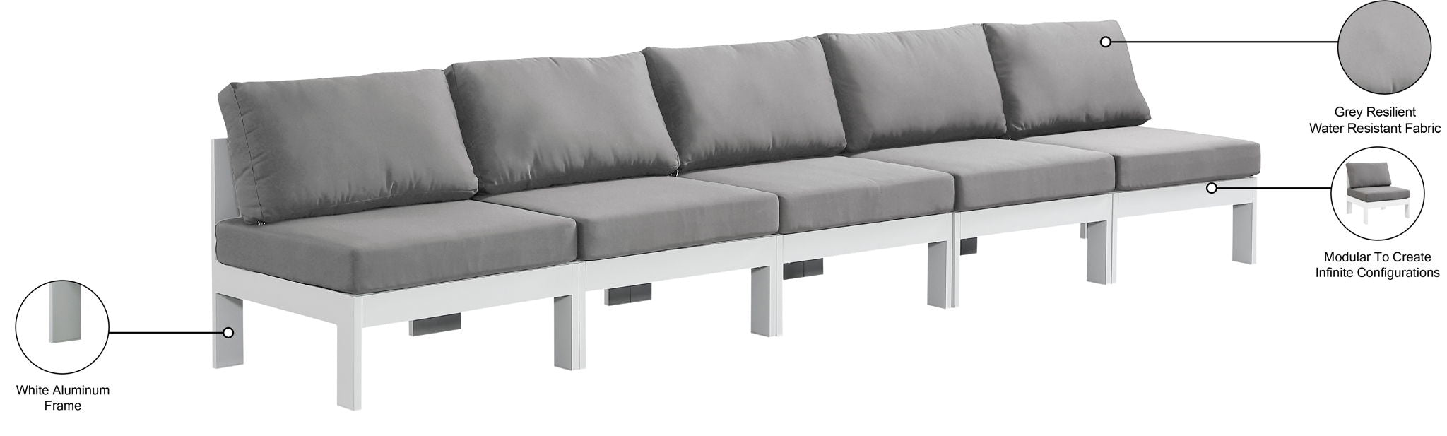 Nizuc - Outdoor Patio 5 Seat Modular Armless Sofa With White Frame