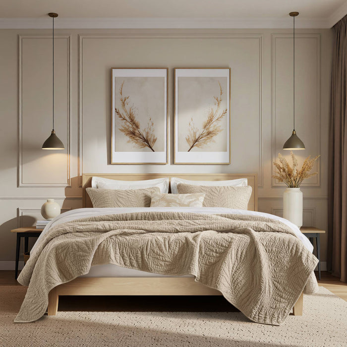 Botanical Leaves - 3 Piece Full/Queen Quilt Set - Linen