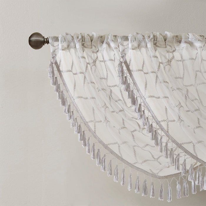 Irina - Diamond Sheer Embroidered Waterfall Valance - White / Gray - Simple Home Plus