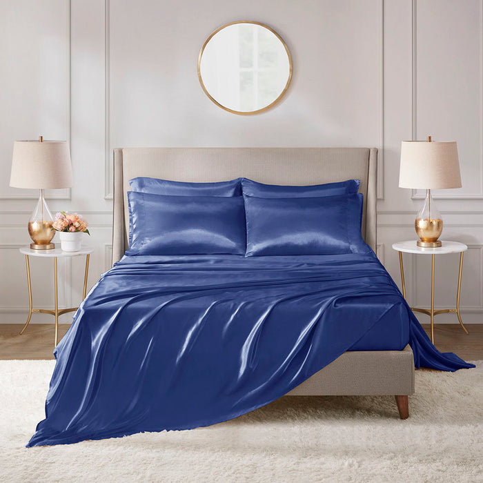 Satin - Queen Wrinkle - Free Luxurious (Set of 6) - Navy - Simple Home Plus