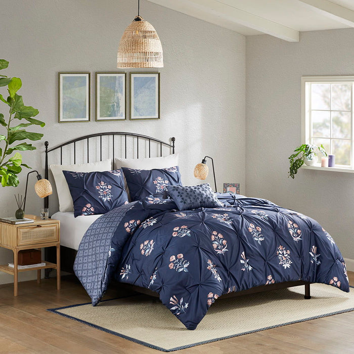 Marfa - 4 Piece Pintuck Comforter Set With Throw Pillow - Navy - Simple Home Plus
