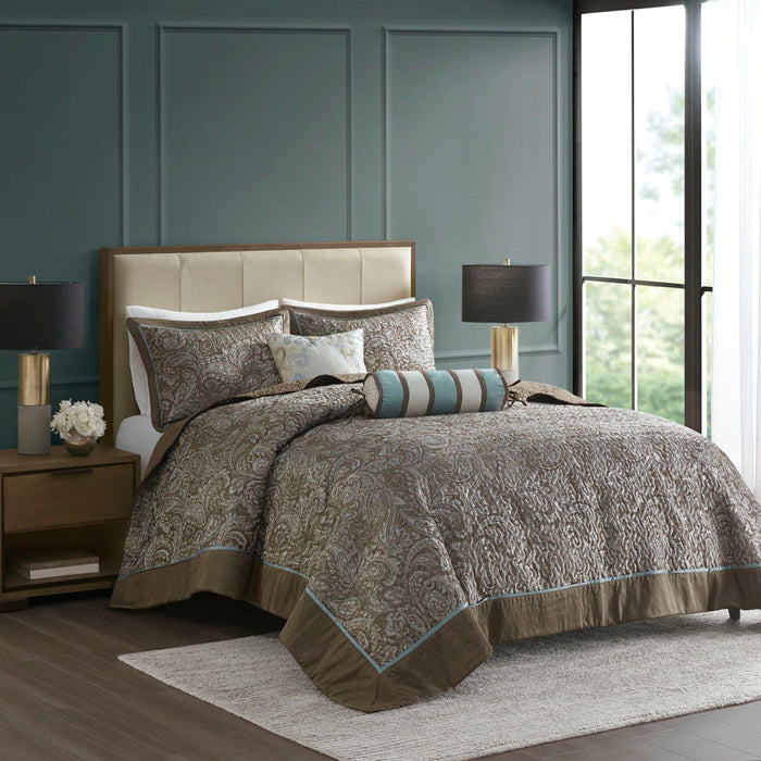 Aubrey - Queen 5 Piece Reversible Bedspread Set - Blue / Brown - Simple Home Plus