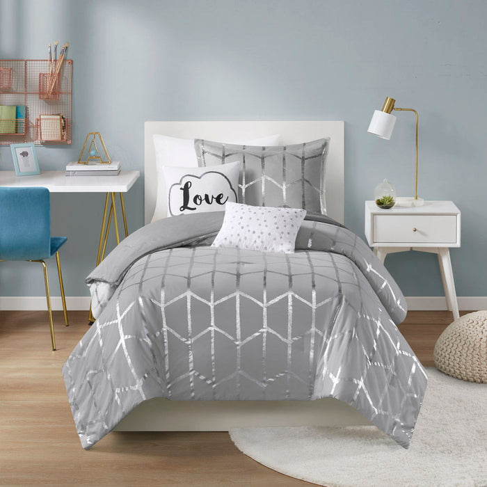 Raina - Twin Metallic Printed Comforter Set - Gray / Silver - Simple Home Plus