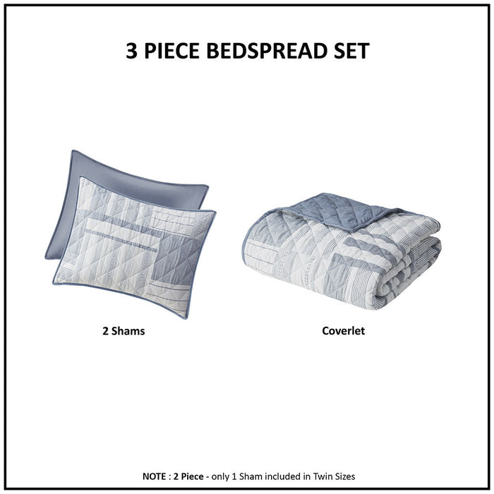 Graham - 3 Piece Full Jacquard Patchwork Quilt Set - Blue - Simple Home Plus