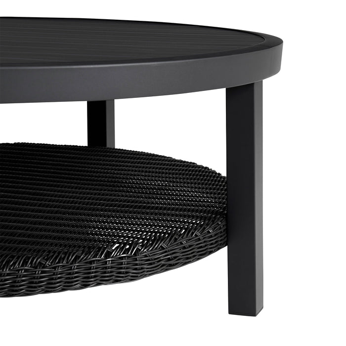 Cayman - Black Aluminum Outdoor Round Conversation Table With Wicker Shelf - Simple Home Plus