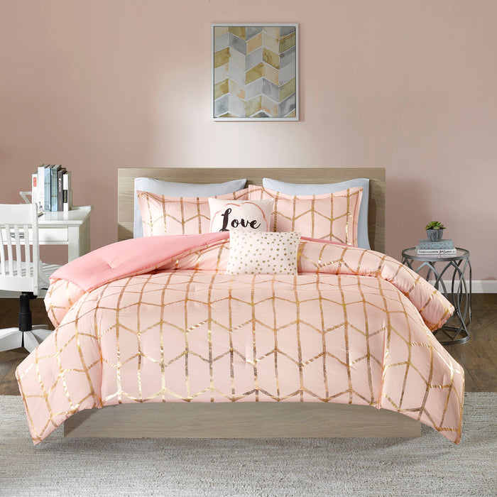 Raina - Queen Brushed Microfiber Printed Comforter Set - Blush / Gold - Simple Home Plus