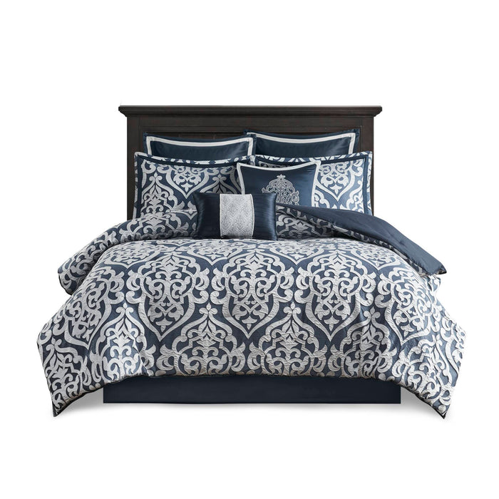 Odette - California King 8 Piece Comforter Set - Navy - Simple Home Plus