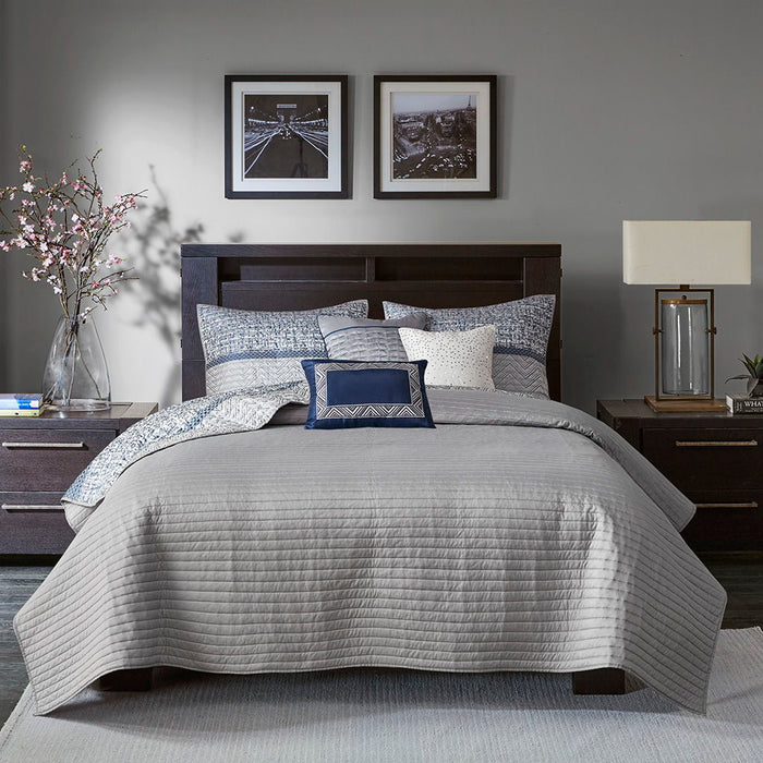Rhapsody - King 6 Piece Reversible Coverlet Set - Navy - Simple Home Plus