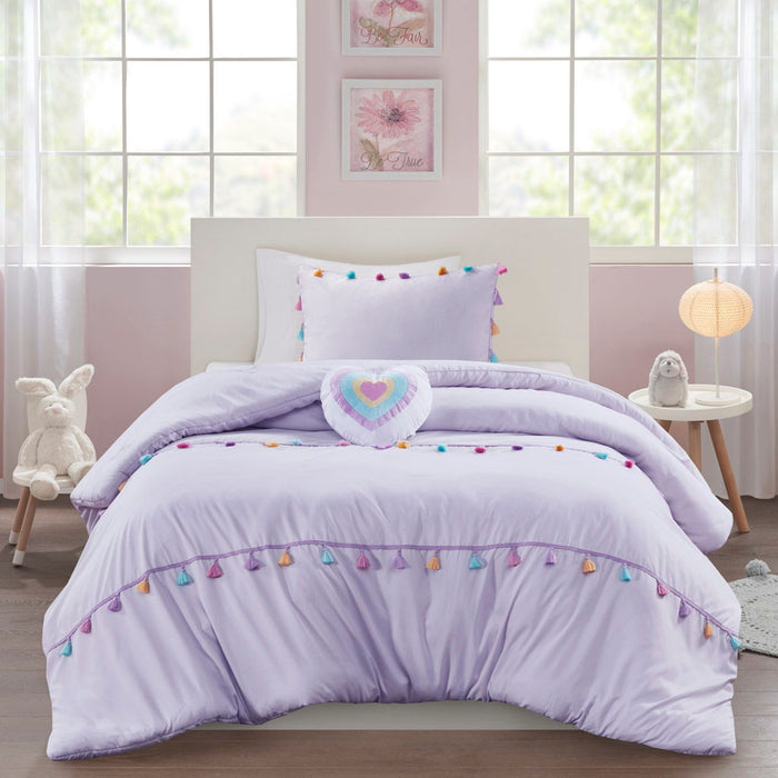 Tessa - 4 Piece Full/Queen Tassel Comforter Set With Heart Shaped Throw Pillow - Lavender - Simple Home Plus