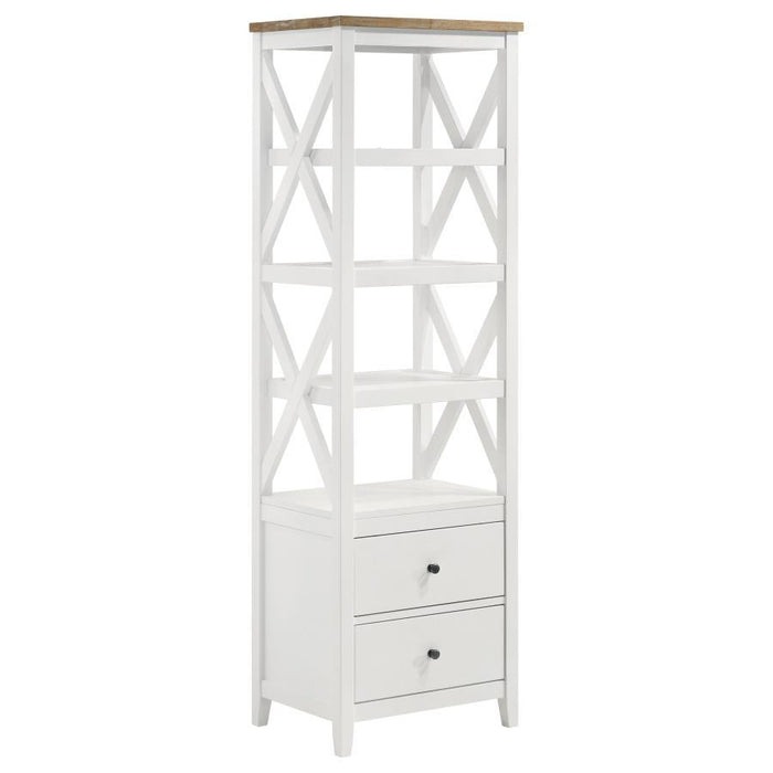 Hollis - 4-Shelf Wood Media Tower With Drawers - Brown And White - Simple Home Plus