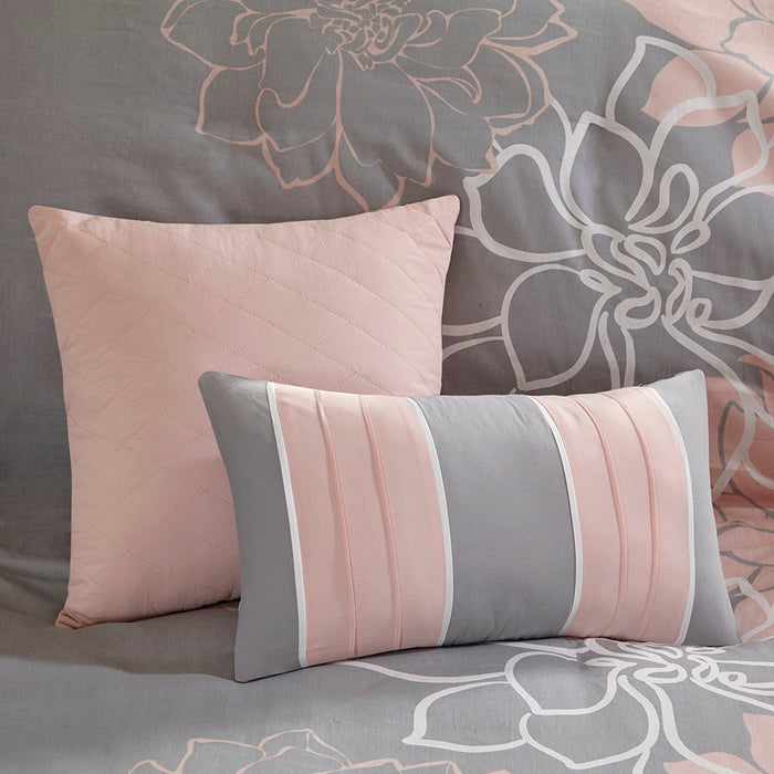 Lola - 6 Piece Printed Duvet Cover Set - Gray / Blush - Simple Home Plus