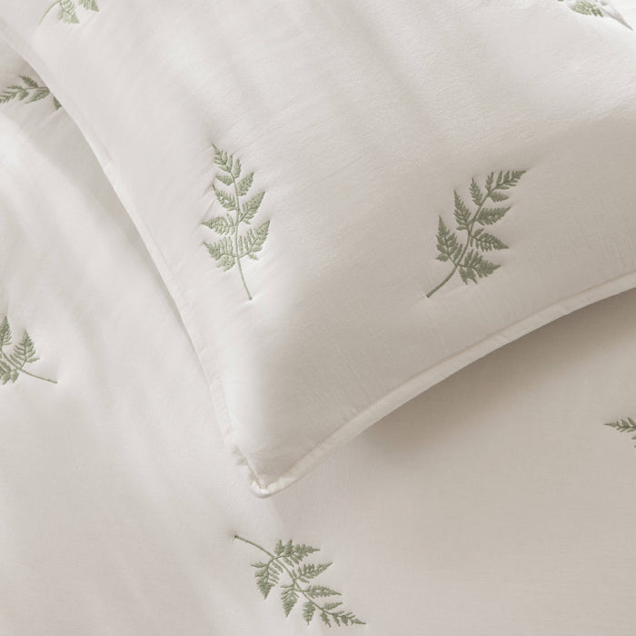 Willow Embroidered Botanical - Full/Queen 100% Cotton Lightweight 3 Piece Quilt Set - White / Sage