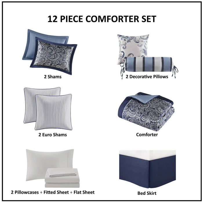 Aubrey - Queen 12 Piece Complete Bed Set - Navy - Simple Home Plus