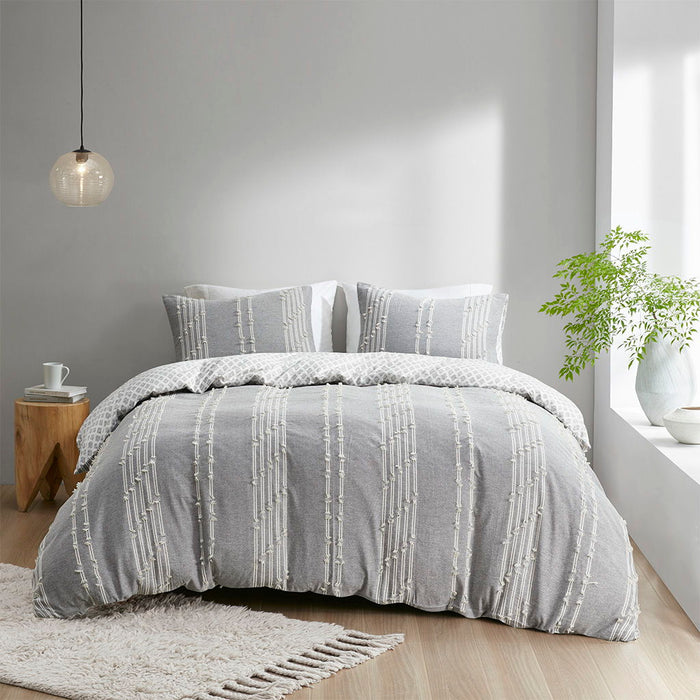 Kara - 3 Piece Jacquard Duvet Cover Set - Gray - Simple Home Plus