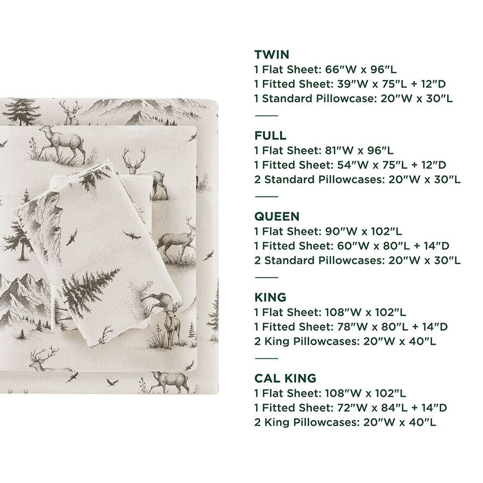 Flannel - 4 Piece California King Sheet Set - Gray Deer Toile - Simple Home Plus
