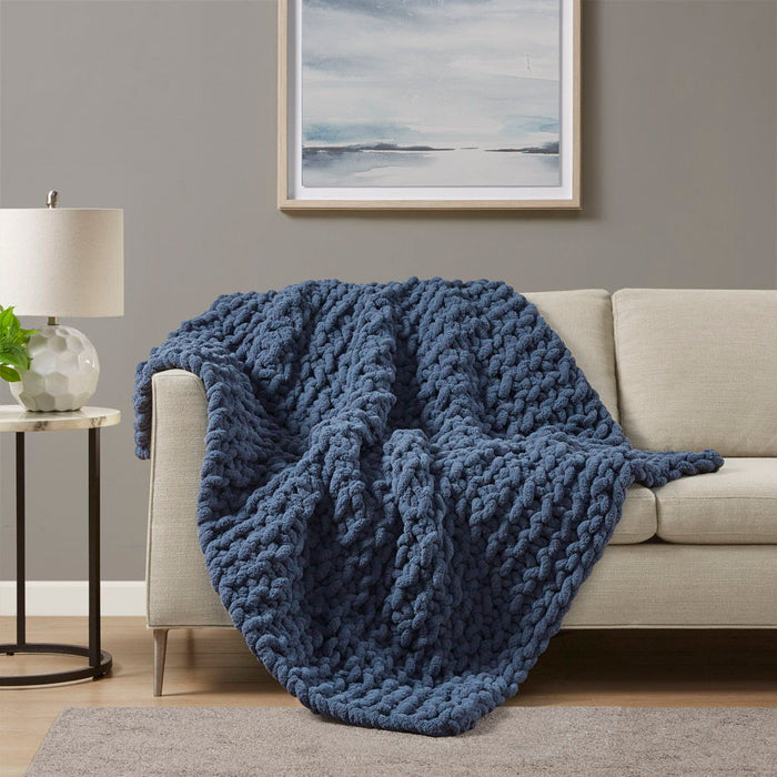 Chenille Chunky Knit - Throw - Navy Blue - Simple Home Plus