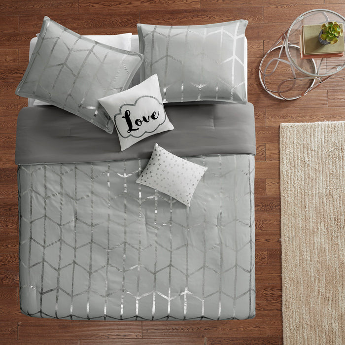 Raina - Polyester Brushed Microfiber Printed Comforter Set - Gray / Silver - Simple Home Plus