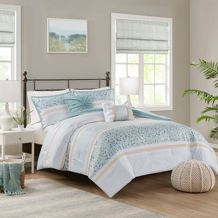 Caralie - 5 Piece Seersucker Comforter Set With Throw Pillows - Light Blue - Simple Home Plus