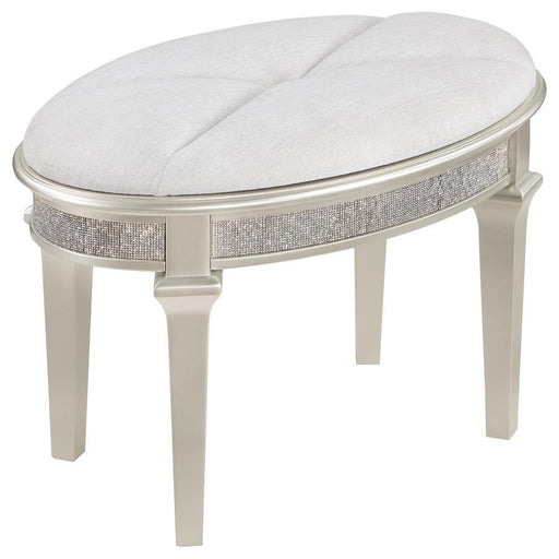 Evangeline - Oval Vanity Stool With Faux Diamond Trim - Silver And Ivory - Simple Home Plus