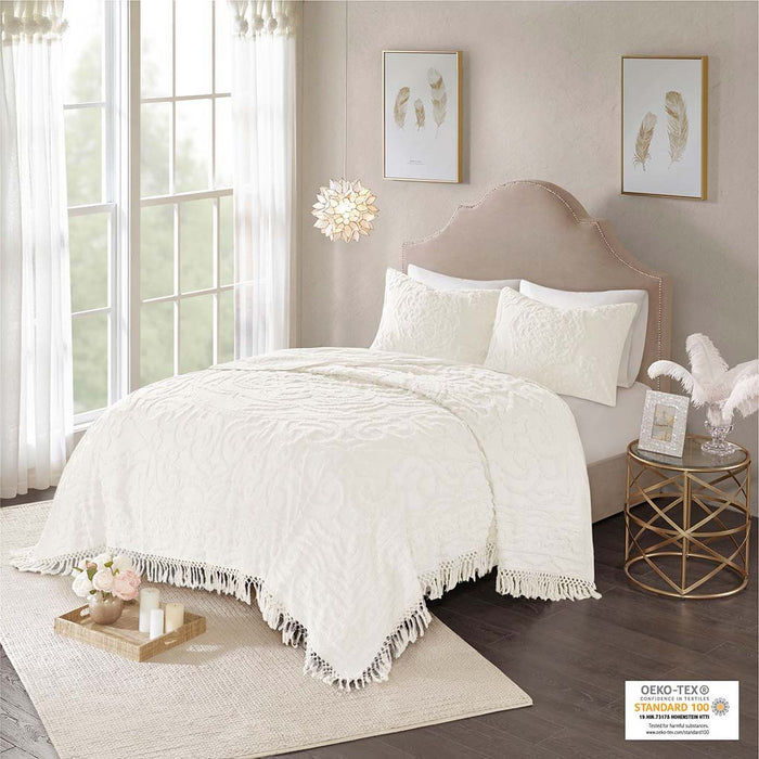 Laetitia - King Tufted Medallion Fringe Coverlet Mini Set - Off White - Simple Home Plus