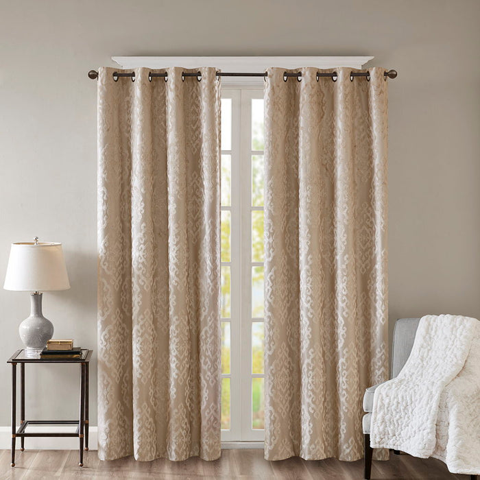 Mirage - 95" Knitted Damask Total Blackout Grommet Top Curtain Panel - Champagne - Simple Home Plus
