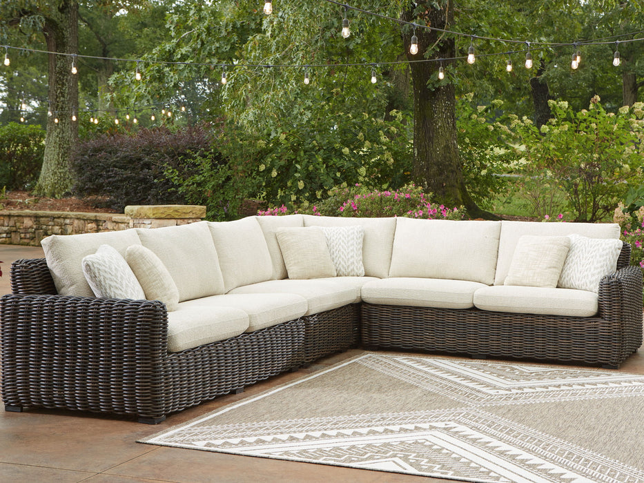 Kimora - 7 Pc. - 4-Piece Outdoor Sectional, Swivel Glider Lounge, Cocktail Table, End Table - Beige / Dark Brown - Simple Home Plus