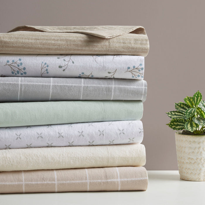 Cozy Cotton Flannel - Full Printed Sheet Set - Beige/White Stripes