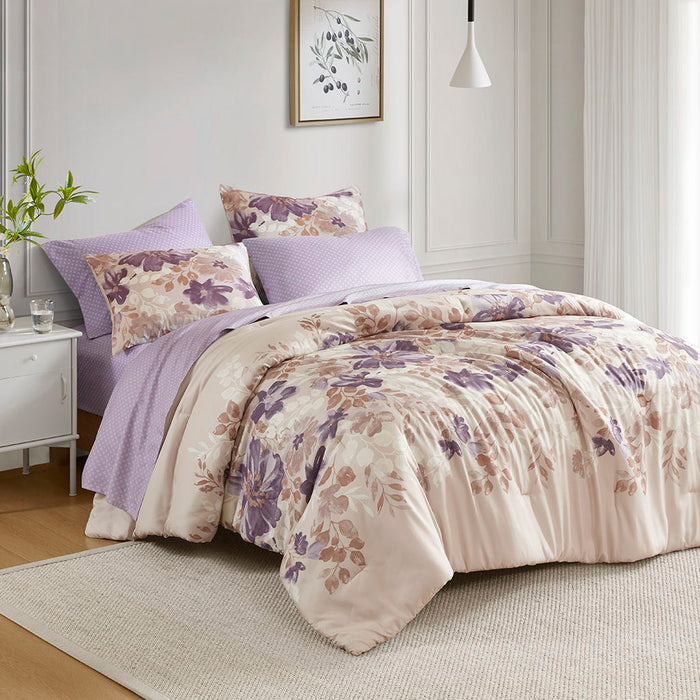 Luna - 7 Piece Full Floral Comforter Set With Bed Sheets - Taupe - Simple Home Plus