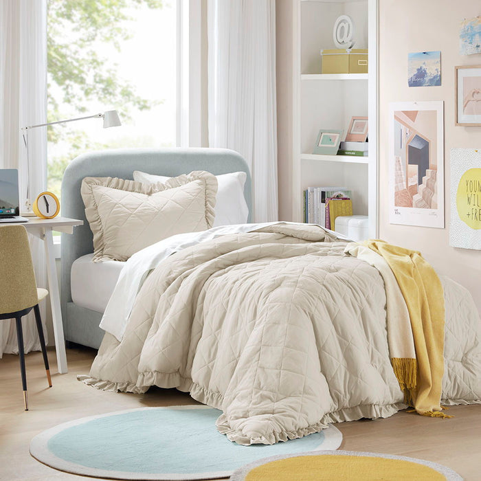 Phoebe - Twin/Twin Long Diamond Quilted Ruffle Edge Comforter Set - Neutral - Simple Home Plus
