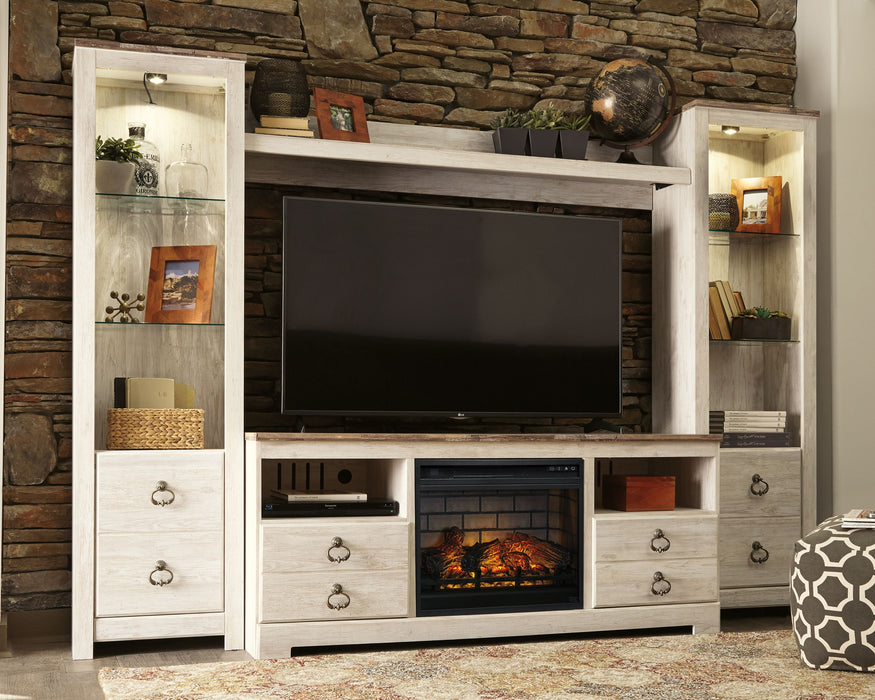 Willowton - Whitewash - Entertainment Center - TV Stand With Faux Firebrick Fireplace Insert - Simple Home Plus