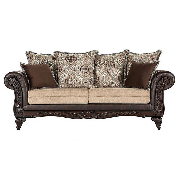 Elmbrook - Upholstered Rolled Arm Sofa Set With Intricate Wood - Simple Home Plus