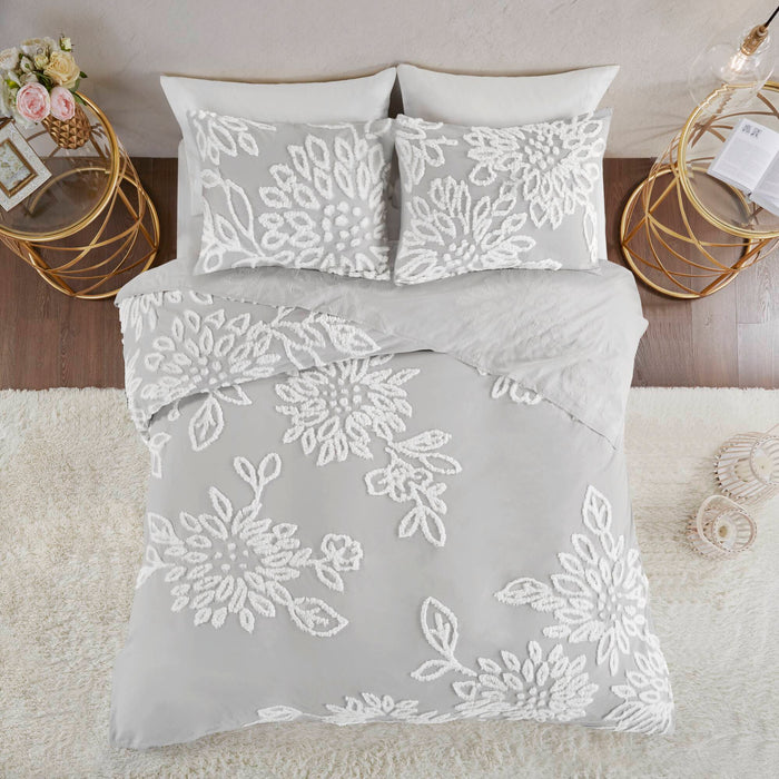 Veronica - 3 Piece Tufted Floral Duvet Cover Set - Gray / White - Simple Home Plus