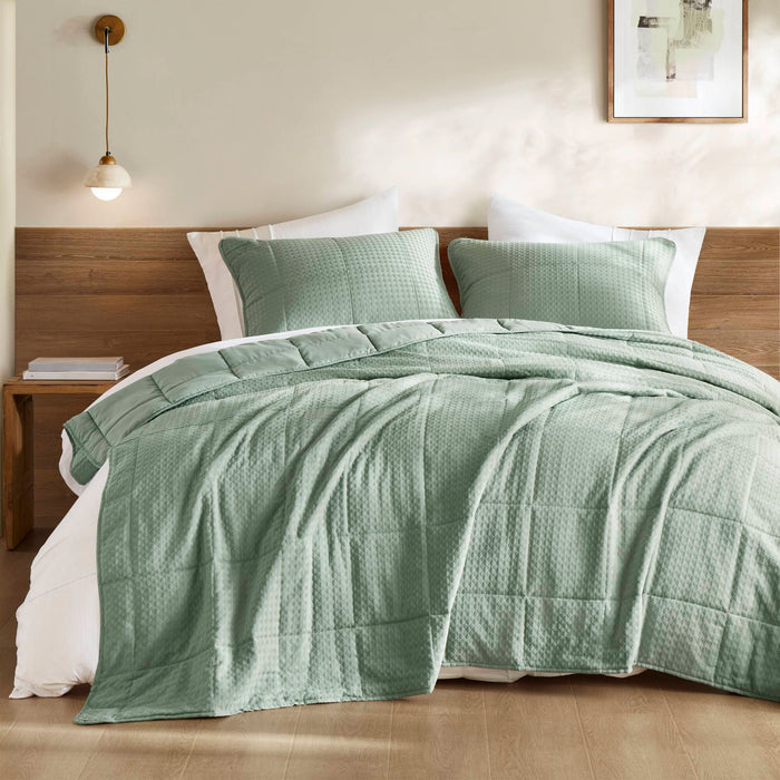 Mina - King/California King Waffle Weave Textured Quilt Set - Green - Simple Home Plus