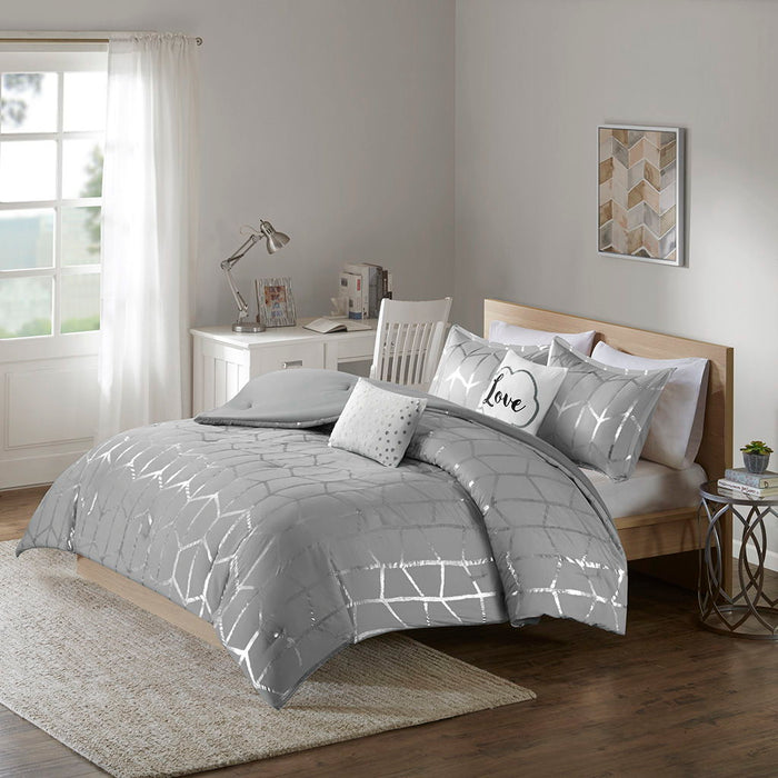 Raina - King Metallic Printed Comforter Set - Gray / Silver - Simple Home Plus