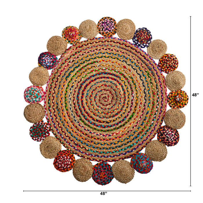 4' x 4' Hand Braided Colorful Chindi Jute Mandala Round Rug