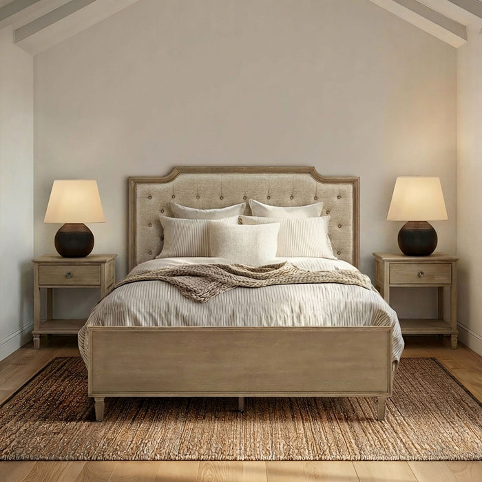 Victoria - Wood Bed With Upholstered Headboard And Built-In Storage Drawer - Natural
