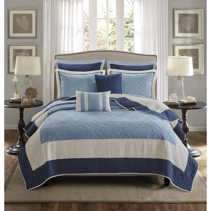 Attingham - King/California King 7 Piece Quilt Set With Euro Shams And Throw Pillows - Navy - Simple Home Plus