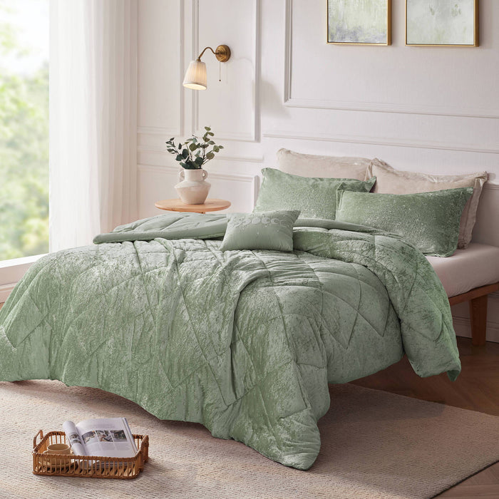 Felicia - Velvet Comforter Set With Throw Pillow - Green - Simple Home Plus