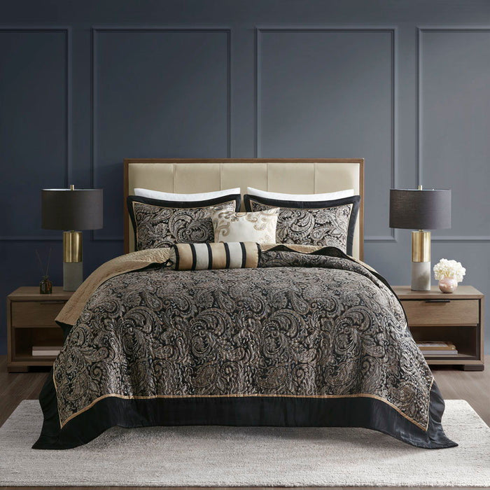 Aubrey - 5 Piece Jacquard Bedspread Set With Throw Pillows - Black - Simple Home Plus