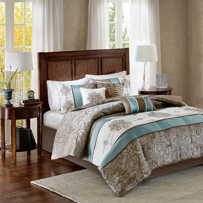 Caroline - California King Piece Comforter (Set of 7) - Blue - Simple Home Plus