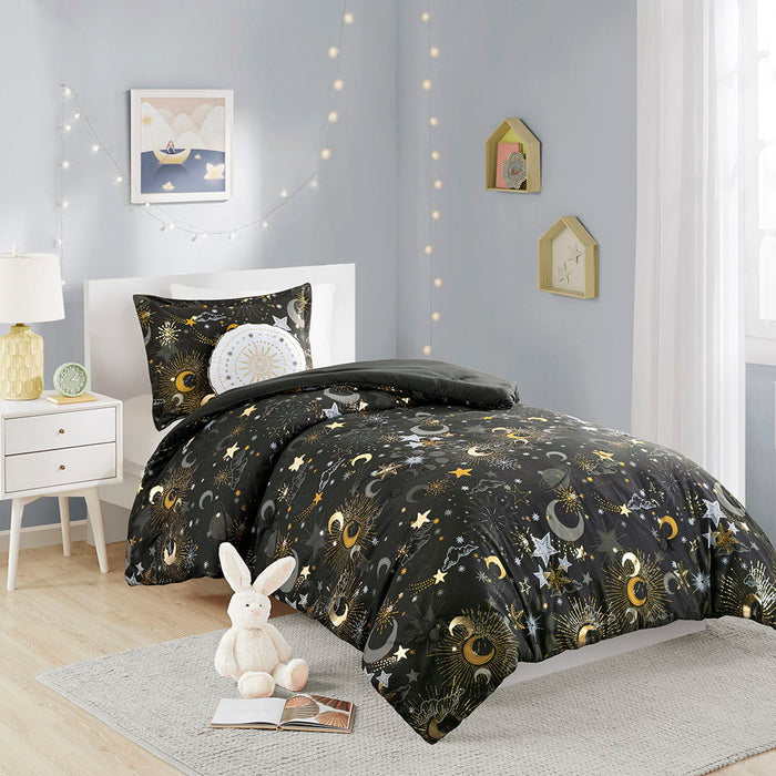 Celia - Starry Sky Metallic Twin Comforter Set With Throw Pillow - Charcoal/Gold - Simple Home Plus