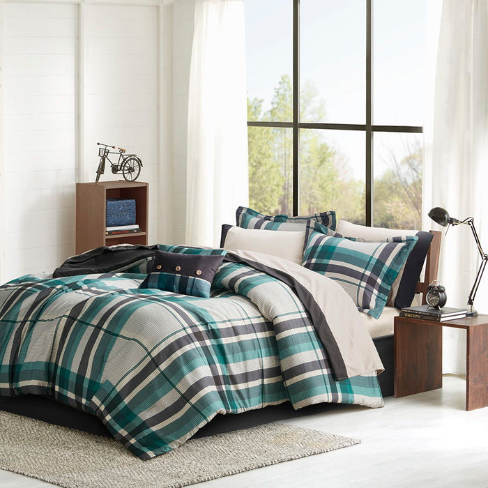 Robbie - 7 Piece Twin Long Plaid Comforter Set With Bed Sheets - Teal/Black - Simple Home Plus