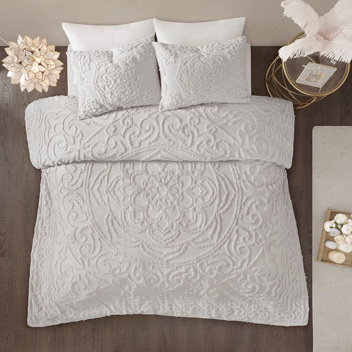 Laetitia - King 3 Piece Tufted Medallion Comforter Set - Gray - Simple Home Plus