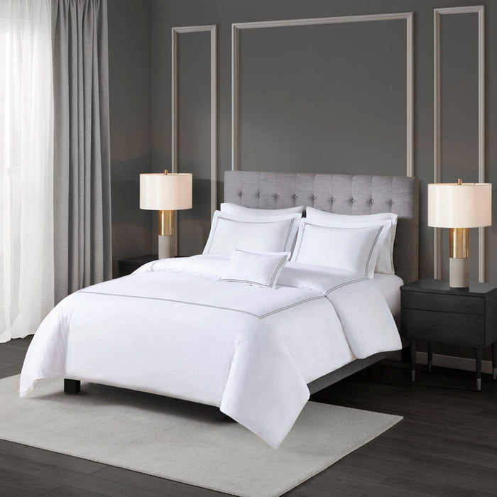 500 Thread Count Luxury - King Sateen Embroidered Duvet Cover Set - White/Grey - Simple Home Plus