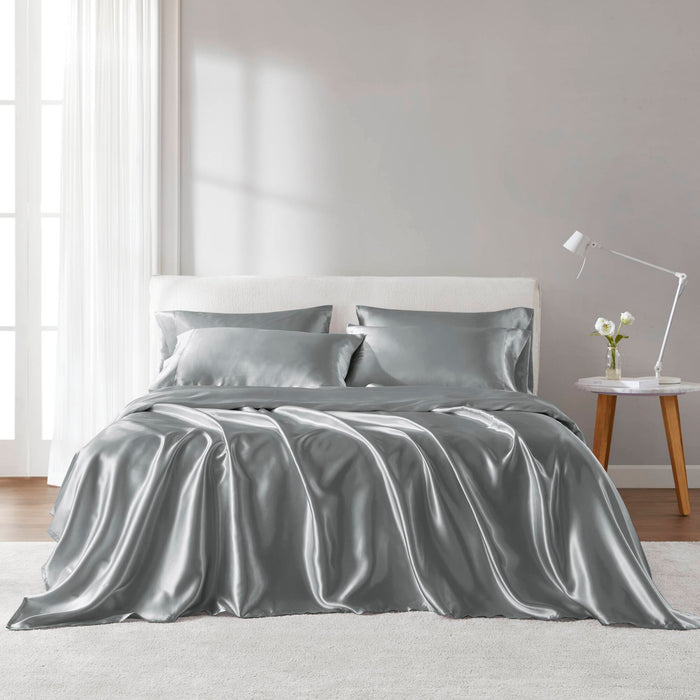 Satin - California King Wrinkle - Free Luxurious 6 Piece Sheet Set - Gray - Simple Home Plus