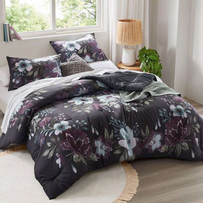 Jolene - 3 Piece King/California King Printed Comforter Set - Dark Gray/Plum - Simple Home Plus